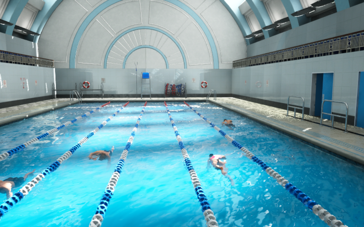 The SWYMLINE 25m Pool, an indoor pool with a vaulted ceiling and lane ropes
