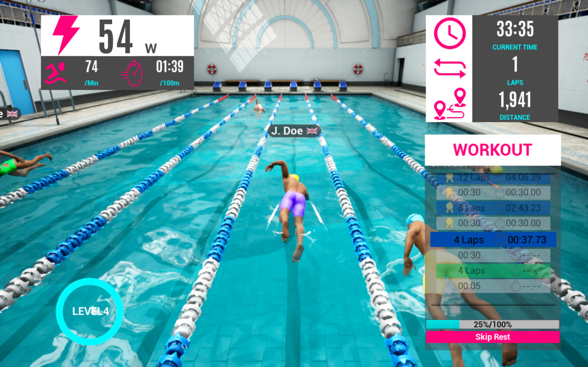 A structured pool workout in SWYMLINE, showing power, stroke rate, pace, laps and the interval list with split times