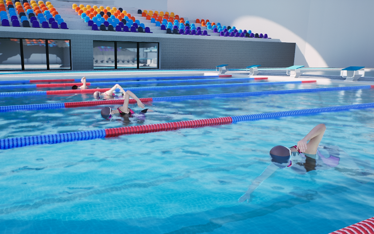 The SWYMLINE 50m Pool, a competition pool with colourful stadium seating