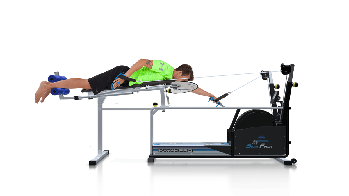A swimmer using the KayakPro SwimFast Ergo, side view
